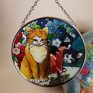 Vintage AMIA Colorful Stained Glass Cat Suncatcher
